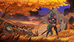 Size: 2205x1241 | Tagged: safe, artist:dogs, derpibooru exclusive, derpibooru import, oc, oc only, anthro, anthro oc, autumn, boots, collage, glasses, midriff, photoshop, ruins, scenery, shoes, sword, thigh boots, tree, weapon