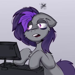 Size: 2000x2000 | Tagged: safe, artist:freak-side, derpibooru import, oc, oc only, oc:gray summit, earth pony, computer, looking at something, simple background, solo, tired, working