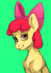 Size: 1003x1441 | Tagged: safe, artist:kotle1ka, derpibooru import, apple bloom, earth pony, pony, bow, bust, female, filly, foal, green background, hair bow, portrait, simple background, smiling, solo