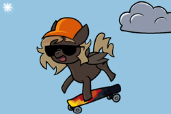 Size: 900x600 | Tagged: safe, artist:squreal, derpibooru import, oc, oc only, oc:sick tricks, pony, awkriter, cap, cloud, female, hat, skateboard, solo, sun, sunglasses, svalla obilli