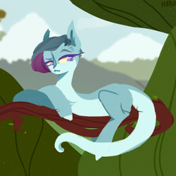 Size: 1000x1000 | Tagged: safe, artist:harusocoma, derpibooru import, oc, pony, blue coat, lying, lying on a tree, magenta eyes, simple background, solo, tree branch, two toned coat, white coat