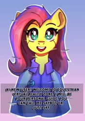 Size: 1822x2600 | Tagged: safe, artist:freak-side, derpibooru import, fluttershy, pegasus, robot, android, clothes, cosplay, costume, detroit: become human, looking at you, simple background, smiling, text