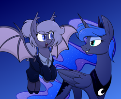 Size: 2212x1817 | Tagged: safe, artist:moonatik, derpibooru import, princess luna, oc, oc:selenite, alicorn, bat pony, pony, bat pony oc, clothes, crown, cute, eyeshadow, female, jewelry, looking at each other, looking at someone, makeup, mare, peytral, regalia, spread wings, suit, wings