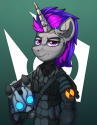 Size: 2250x2900 | Tagged: safe, artist:freak-side, derpibooru import, oc, oc only, unicorn, armor, clothes, combine, cosplay, costume, half-life, helmet, looking at you, solo