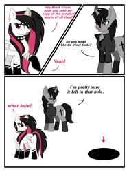 Size: 960x1280 | Tagged: safe, artist:nerdial, artist:ruchiyoto, derpibooru import, oc, oc only, oc:black cross, oc:emala jiss, pony, unicorn, zebra, comic:the hole (meme), comic, female, male, mare, stallion