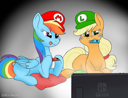 Size: 1024x784 | Tagged: safe, artist:sarikashy, derpibooru import, applejack, rainbow dash, earth pony, pegasus, pony, cap, controller, duo, female, gaming, hat, luigi's hat, lying down, mare, mario's hat, nintendo switch, open mouth, playing video games, prone, signature, sitting, tongue, tongue out