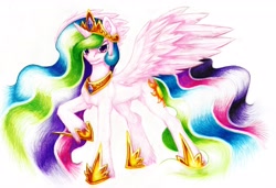 Size: 3383x2310 | Tagged: safe, artist:thatonegib, derpibooru import, princess celestia, clothes, colored pencil drawing, cutie mark, ethereal mane, ethereal tail, frown, jewelry, looking at you, necklace, raised hoof, raised leg, regalia, shoes, solo, spread wings, tail, traditional art, unshorn fetlocks, wings