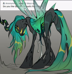 Size: 2048x2100 | Tagged: safe, artist:glacierclear, derpibooru import, queen chrysalis, changeling, changeling queen, goo, ask, fangs, female, gray background, grin, horn, multiple eyes, simple background, slit eyes, smiling, solo, spread wings, text, wings