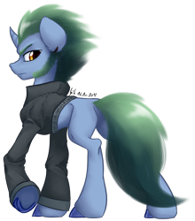 Size: 3213x3654 | Tagged: safe, artist:thatonegib, derpibooru import, oc, oc only, oc:cleansing cold, pony, unicorn, clothes, ear piercing, earring, golden eyes, jacket, jewelry, leather, leather jacket, looking at you, looking back, looking back at you, male, piercing, signature, simple background, skinny, slim, solo, stallion, transparent background, unshorn fetlocks