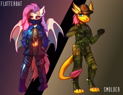 Size: 1920x1480 | Tagged: safe, artist:freak-side, derpibooru import, fluttershy, smolder, anthro, bat pony, digitigrade anthro, dragon, alternate design, bat ponified, clothes, cyberpunk, duo, duo female, female, flutterbat, gas mask, mask, military uniform, race swap, tail, toes, uniform