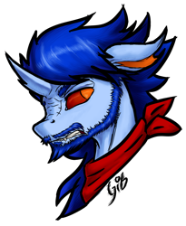 Size: 1604x1956 | Tagged: safe, artist:thatonegib, derpibooru import, oc, oc only, changedling, changeling, bandana, beard, black outlines, bust, changedling oc, changeling oc, curved horn, facial hair, horn, looking back, male, moustache, neckerchief, reaction image, serious, serious face, signature, simple background, solo, transparent background