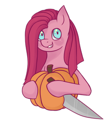 Size: 800x900 | Tagged: safe, artist:cloudbrownie, derpibooru import, pinkie pie, earth pony, pony, female, halloween, holiday, knife, mare, pinkamena diane pie, pumpkin, pumpkin carving, simple background, solo, transparent background