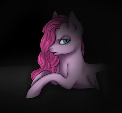 Size: 900x831 | Tagged: safe, artist:cloudbrownie, derpibooru import, pinkie pie, earth pony, pony, dark background, female, hair over one eye, looking at you, lying down, mare, pinkamena diane pie, prone, side view, simple background, solo