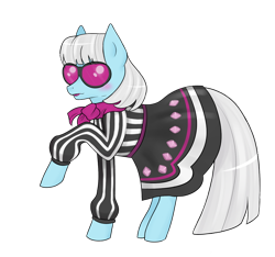 Size: 900x844 | Tagged: safe, artist:cloudbrownie, derpibooru import, photo finish, earth pony, pony, ascot, blushing, clothes, dress, female, glasses, mare, side view, simple background, solo, transparent background