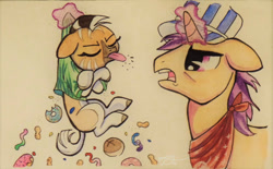 Size: 1024x635 | Tagged: safe, artist:peachykeenponies, derpibooru import, oc, oc only, oc:nia, pony, quagga, unicorn, zebra, conductor, female, filly, foal, magic, raspberry, tongue, tongue out