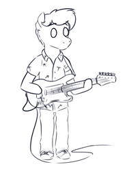 Size: 1244x1648 | Tagged: safe, artist:toanderic, derpibooru import, oc, oc only, oc:toanderic, anthro, chibi, clothes, converse, electric guitar, guitar, hawaiian shirt, musical instrument, shirt, shoes, sketch, solo