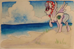 Size: 900x605 | Tagged: safe, artist:peachykeenponies, derpibooru import, oc, oc only, oc:peachy keen, pegasus, pony, beach, solo, sunglasses