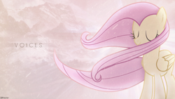 Size: 1920x1080 | Tagged: safe, artist:cloudyglow, artist:drakesparkle44, derpibooru import, edit, fluttershy, pegasus, pony, eyes closed, female, mare, mountain, mountain range, smiling, solo, wallpaper, wallpaper edit, watermark, windswept mane