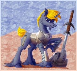 Size: 1328x1228 | Tagged: safe, artist:thatonegib, derpibooru exclusive, derpibooru import, oc, oc only, unicorn, armor, commission, helmet, looking at you, raised hoof, raised leg, short hair, smiling, solo, sword, unshorn fetlocks, weapon, ych result