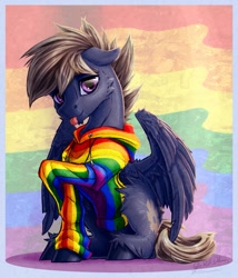 Size: 1051x1226 | Tagged: safe, artist:thatonegib, derpibooru exclusive, derpibooru import, oc, oc only, pegasus, clothes, commission, hoodie, looking at you, pride, pride flag, raised hoof, raised leg, smiling, solo, unshorn fetlocks, ych result