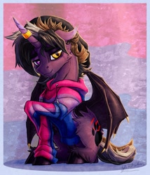 Size: 1051x1226 | Tagged: safe, artist:thatonegib, derpibooru exclusive, derpibooru import, oc, oc only, oc:delta riel-delano, alicorn, bat pony, bat pony alicorn, bat wings, bisexual pride flag, clothes, commission, heterochromia, hoodie, horn, horn ring, looking at you, pride, pride flag, raised hoof, raised leg, ring, smiling, solo, unshorn fetlocks, wings, ych result