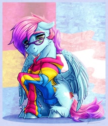 Size: 1051x1226 | Tagged: safe, artist:thatonegib, derpibooru exclusive, derpibooru import, oc, oc only, pegasus, clothes, commission, glasses, hoodie, looking at you, pansexual pride flag, pride, pride flag, raised hoof, raised leg, smiling, solo, transgender pride flag, unshorn fetlocks, ych result