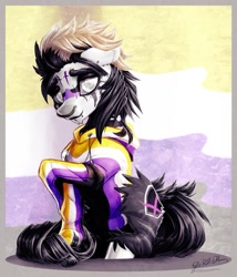 Size: 1051x1229 | Tagged: safe, artist:thatonegib, derpibooru exclusive, derpibooru import, oc, oc only, clothes, commission, hoodie, looking at you, multicolored hair, nonbinary pride flag, pride, pride flag, raised hoof, raised leg, smiling, solo, unshorn fetlocks, ych result