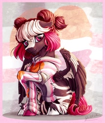 Size: 1051x1226 | Tagged: safe, artist:thatonegib, derpibooru exclusive, derpibooru import, oc, oc only, pegasus, clothes, commission, demigirl pride flag, hoodie, lesbian pride flag, looking at you, multicolored hair, pride, pride flag, raised hoof, raised leg, smiling, solo, unshorn fetlocks, ych result