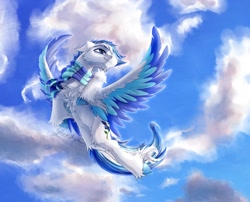 Size: 1540x1242 | Tagged: safe, artist:thatonegib, derpibooru import, oc, oc only, pegasus, clothes, cloud, colored wings, commission, flying, looking up, multicolored hair, multicolored wings, scarf, sky, smiling, solo, spread wings, unshorn fetlocks, wings, ych result