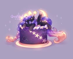 Size: 2500x2000 | Tagged: safe, artist:cofiiclouds, derpibooru import, oc, oc only, pegasus, pony, birthday cake, cake, food, purple background, simple background, solo