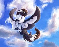 Size: 1540x1242 | Tagged: safe, artist:thatonegib, derpibooru import, oc, oc only, beard, cloud, colored wings, commission, facial hair, flying, looking up, multicolored wings, sky, smiling, solo, spread wings, unshorn fetlocks, wings, ych result