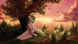 Size: 1920x1080 | Tagged: safe, artist:thatonegib, derpibooru import, oc, oc only, pegasus, commission, looking sideways, scenery, smiling, solo, sunset, tree, under the tree, unshorn fetlocks, ych result