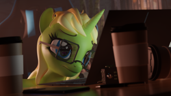 Size: 3840x2160 | Tagged: safe, artist:arcanetesla, derpibooru import, oc, oc:mysti tesla, anthro, unicorn, coffee, coffee mug, glasses, morning, mug, solo, tired