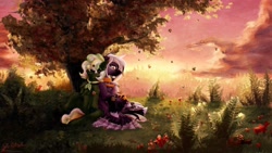 Size: 1920x1080 | Tagged: safe, artist:thatonegib, derpibooru import, oc, oc only, earth pony, pegasus, bracelet, commission, jewelry, looking at each other, looking at someone, multicolored hair, scenery, smiling, solo, sunset, tree, under the tree, unshorn fetlocks, ych result