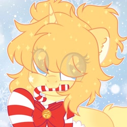 Size: 2048x2048 | Tagged: safe, artist:moonydropps, derpibooru import, oc, oc only, pony, unicorn, bell, blue eyes, bow, bowtie, candy, candy cane, clothes, ears, food, hair, horn, mane, scarf, snow, snowfall, socks, solo, striped socks