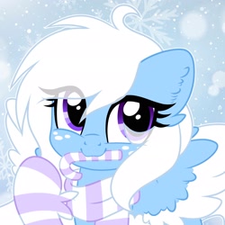 Size: 2048x2048 | Tagged: safe, artist:moonydropps, derpibooru import, oc, oc only, pegasus, pony, candy, candy cane, clothes, ears, food, hair, mane, purple eyes, scarf, snow, snowfall, socks, solo, spread wings, striped scarf, striped socks, wings