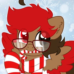 Size: 2048x2048 | Tagged: safe, artist:moonydropps, derpibooru import, oc, oc only, pegasus, pony, candy, candy cane, clothes, ears, food, glasses, hair, mane, scarf, snow, snowfall, socks, solo, spread wings, striped scarf, striped socks, wings