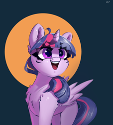 Size: 1648x1816 | Tagged: safe, artist:i love hurt, derpibooru import, twilight sparkle, twilight sparkle (alicorn), alicorn, pony, g4, cute, expressions, female, happy, horn, looking up, mare, nimbus, open mouth, open smile, simple background, smiling, solo, surprised, twiabetes, wings