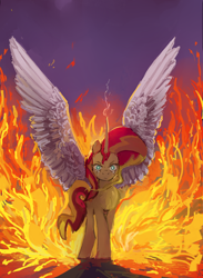 Size: 1280x1747 | Tagged: safe, artist:megalura, derpibooru import, sunset shimmer, alicorn, pony, alicornified, crying, female, fiery shimmer, fire, race swap, shimmercorn, solo