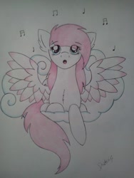 Size: 720x960 | Tagged: safe, artist:dexterisse, derpibooru import, oc, pegasus, cloud, female, mare, pegasus oc, simple background, singing, solo, traditional art, white background