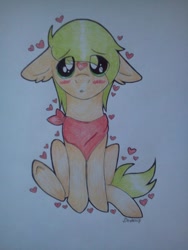 Size: 720x960 | Tagged: safe, artist:dexterisse, derpibooru import, oc, earth pony, earth pony oc, floating heart, heart, solo, traditional art