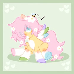 Size: 2048x2048 | Tagged: safe, artist:moonydropps, derpibooru import, oc, oc only, oc:spring steps, pegasus, pony, flower, flower in hair, hair, male, mane, sitting, solo, spread wings, stallion, tail, wings