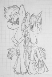 Size: 309x450 | Tagged: safe, artist:artflicker, derpibooru import, earth pony, pony, unicorn, chell, duo, female, glasses, grayscale, height difference, long-fall boots, looking at each other, looking at someone, male, mare, monochrome, necktie, pencil drawing, ponified, portal (valve), portal 2, species swap, stallion, traditional art, wheatley