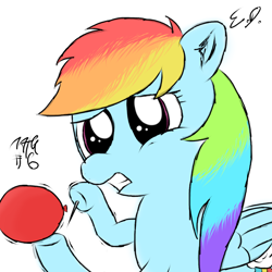 Size: 1080x1080 | Tagged: safe, artist:everydaydashie, derpibooru import, rainbow dash, pegasus, pony, atg 2022, balloon, balloon popping, female, needle, newbie artist training grounds, popping, simple background, solo, white background