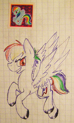 Size: 352x586 | Tagged: safe, artist:artflicker, derpibooru import, rainbow blitz, rainbow dash, pegasus, pony, faic, graph paper, grin, male, rule 63, smiling, smug, smugdash, solo, spread wings, stallion, sticker, traditional art, unshorn fetlocks, wings