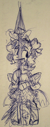 Size: 262x666 | Tagged: safe, artist:artflicker, derpibooru import, pokey pierce, poppy pin, pony, unicorn, bipedal, bow, clothes, dress, female, grin, hair bow, magical girl, mare, monochrome, rule 63, sketch, smiling, solo, spear, traditional art, weapon