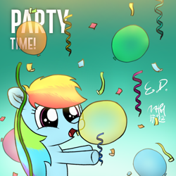 Size: 1080x1080 | Tagged: safe, artist:everydaydashie, derpibooru import, rainbow dash, pegasus, pony, atg 2022, balloon, confetti, female, newbie artist training grounds, solo, streamers