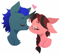 Size: 3000x2757 | Tagged: safe, artist:belka-sempai, derpibooru import, oc, oc only, pony, unicorn, duo, duo male and female, eyes closed, female, glasses, heart, horn, kissing, male, mare, simple background, smiling, stallion, white background