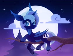 Size: 4000x3060 | Tagged: safe, artist:belka-sempai, derpibooru import, oc, oc only, bat pony, pony, cloud, horn, moon, solo, tree, tree branch, wings