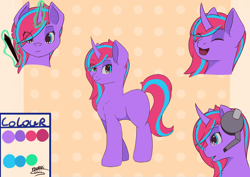 Size: 7016x4961 | Tagged: safe, artist:backgroundpony#f352, derpibooru import, oc, oc only, pony, unicorn, eyes closed, eyes open, female, headphones, heterochromia, horn, magic, mare, pen, reference sheet